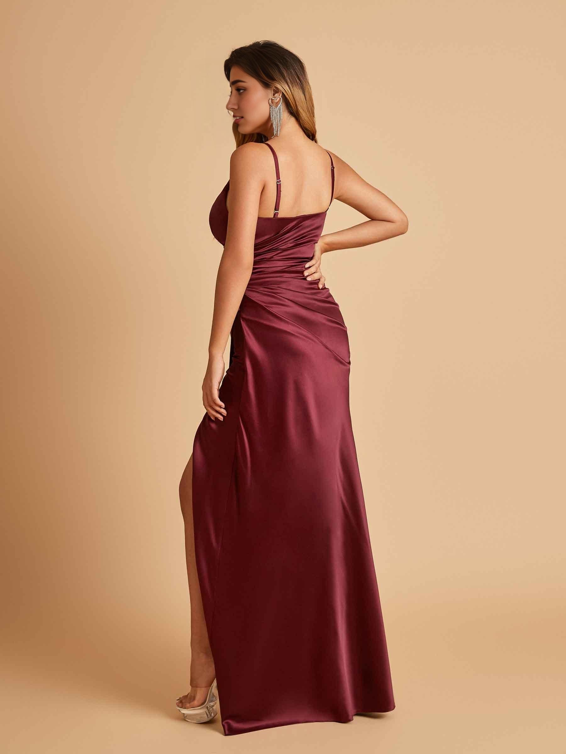 Sexy Satin Sheath Prom Dresses Spaghetti Straps V-neck Side Slit Pleats Floor Length